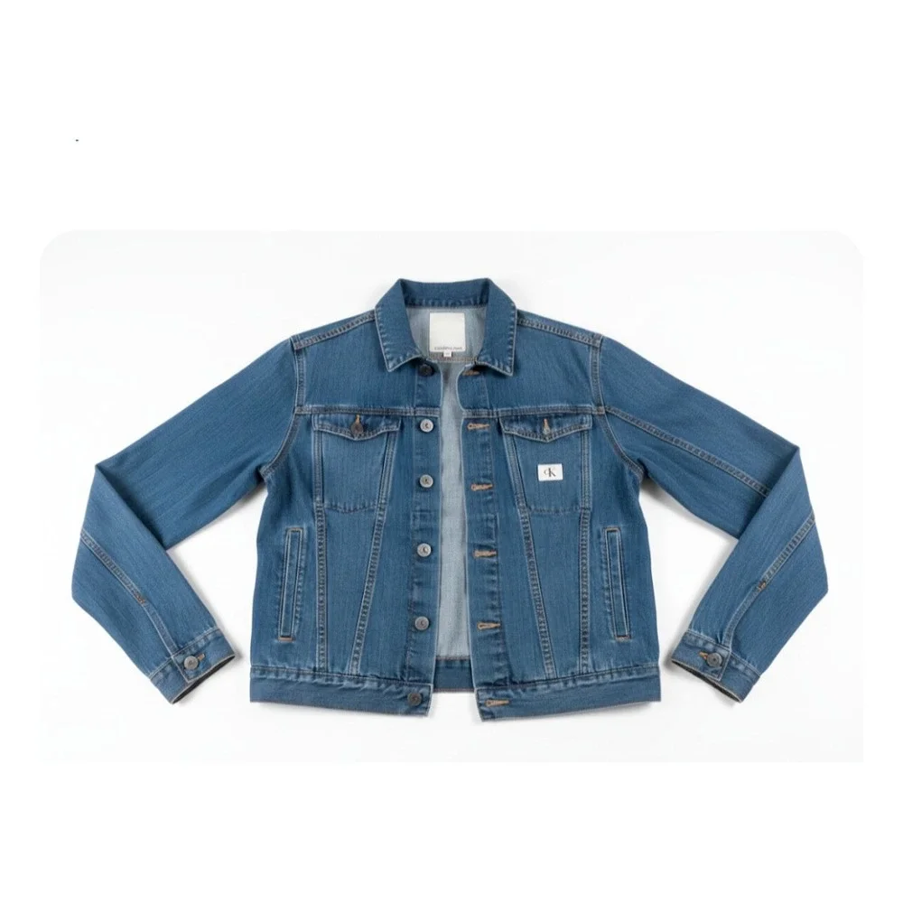 Calvin Klein Jeans Mens Medium Wash Denim Trucker Jacket Blue Size L Logo Patch